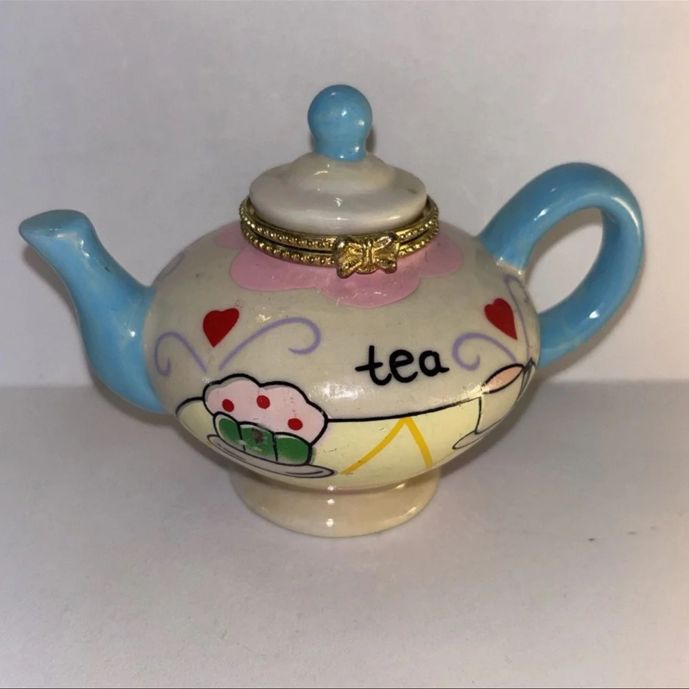 Vintage Mini Small‎ Porcelain Tea Pot With Blue Spout And Handle Trinket Box 3”